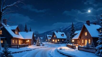 Cozy winter village at night with snow-covered houses, glowing windows, and moonlit sky in a peaceful mountain setting
- Powered by Adobe