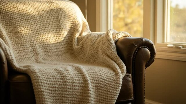 Cozy armchair draped with a knitted blanket
