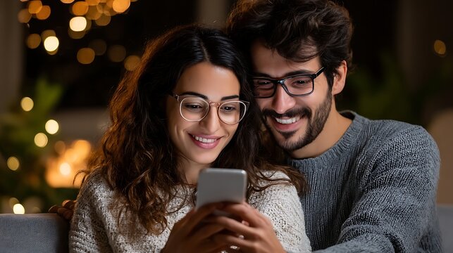 Couple using smartphone at night