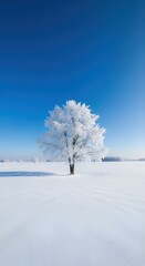 Serene Winter Scene with Snow-Covered Tree Under Clear Blue Sky