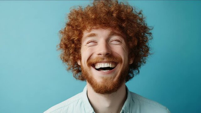 Portrait of an energetic curly haired man smiling radiantly while conveying joy and positivity