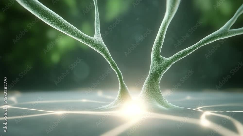 Poster Neural Network Glowing: Microscopic view of a neural network, glowing with a bright light at its center.