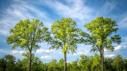 Fototapeta premium Three Majestic Trees Under a Blue Sky Spring Landscape