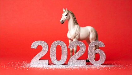 新年2026の数字と干支の白い馬。背景は赤色。AIで生成	