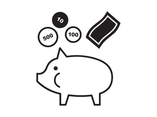 Vector isolated piggy bank with money saving money  colorless black symbol icon logo infographics glyph on a white background simple minimal graphic element