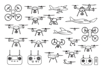 Fototapeta premium set of various drone types, controllers, and propellers, black and white illustration of flying vehicles