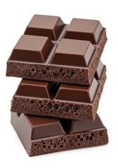 A close-up studio shot of a stack of three dark, aerated chocolate pieces, on a white background.
