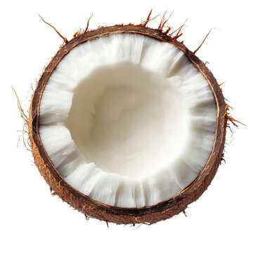 Top view of a halved brown coconut with white inner flesh, isolated on white background, ideal for tropical food or natural product themes
