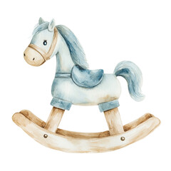 Cute watercolor rocking horse toy in soft pastel colors, perfect for nursery decor, baby shower themes, or children's designs