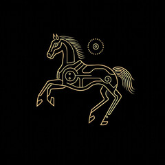 Stylized golden horse illustration in geometric line art style, set against a black background, symbolizing strength, elegance, and motion