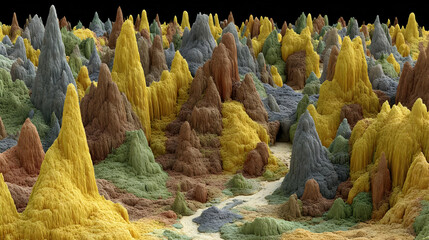 landscape of chaotic peaks in soft pastel tones and glitchy overlays