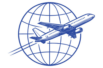 Flight illustration with airplane crossing over a globe. Travel, exploration, and journey concept with a world map.