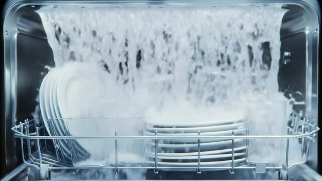 A dishwasher in operation with plates and glasses inside. Water splashes and bubbles are visible, indicating a cleaning cycle in progress.