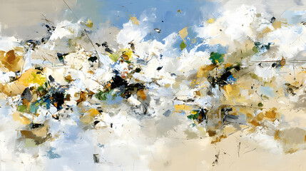 shapes blending soft color fields and sharp textured digital highlights