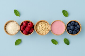 Top-down view of five kraft paper bowls arranged in a neat row on a baby blue background. Each bowl contains a healthy breakfast ingredient: shredded coconut, fresh raspberries