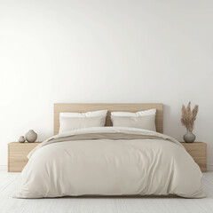 Cozy and Minimalistic Bedroom with Soft Bedding and Wooden Furniture for Relaxed Feel