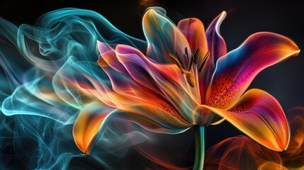 Vibrant lily flower with ethereal smoke.