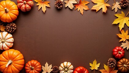 Autumn pumpkins and colorful leaves arranged on dark background  