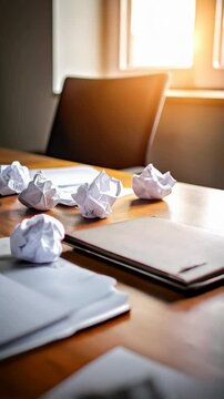 Scattered crumpled paper balls surround a notebook and loose papers on a wooden desk bathed in soft light from a nearby window.