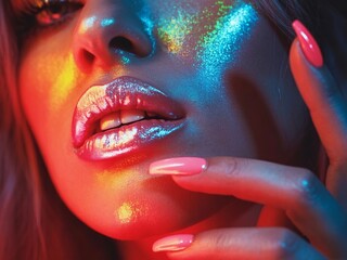 Close-up of a woman's face with metallic lip gloss and colorful lighting, showcasing vibrant beauty.