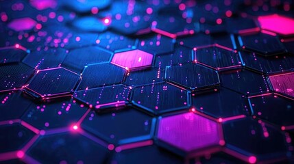 Obraz premium Dynamic hexagonal pattern with pink and blue neon lights digital art abstract design futuristic environment close-up perspective 