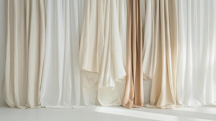 Row of white curtains hanging on a white wall. the curtains are made of sheer fabric and are arranged in a way that creates a drape-like effect.