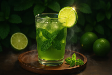 Fototapeta premium Refreshing green drink with mint and lime on a wooden tray.