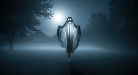 Eerie Ghostly Figure in a Misty Forest at Night