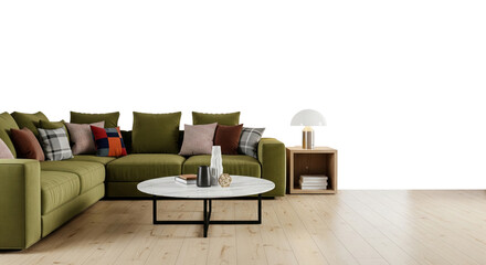 Cozy olive green L-shaped sofa with colorful throw pillows and modern round marble coffee table on light wooden floor with decorative accents and wooden side table lamp