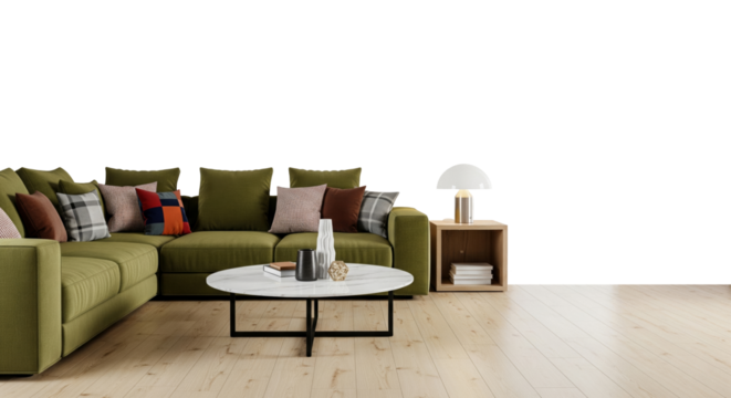 Cozy olive green L-shaped sofa with colorful throw pillows and modern round marble coffee table on light wooden floor with decorative accents and wooden side table lamp