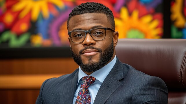 Smiling Black Man in Dark Suit and Patterned Tie Portrait