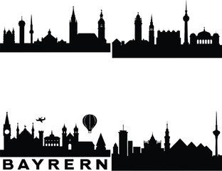 Four Bayern Germany Black Skyline Silhouette with Plane and Air Balloon on White