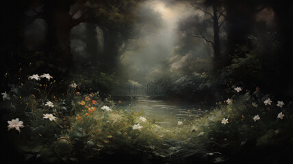 Moody oil painting of a Victorian garden. Muted colors, decorative ornaments and lush plant growth in Victorian era garden.