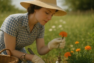 Gardening Woman in 1940s Dress Picking Marigold with Gloves in Meadow

