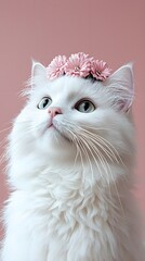 "Elegant Senior White Cat with Pink Flower"