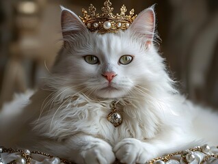 Regal White Cat with Crown