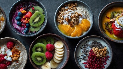 A row of bowls filled with various fruits and granola. The bowls are arranged in a row and are filled with different types of fruits and granola