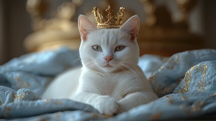 Regal Senior White Cat with Gold Crown
