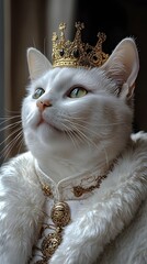 Regal White Cat with Gold Crown
