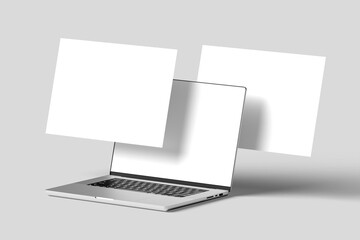 Silver laptop with black keyboard and blank white screen, shown from an angled top view with a floating blank screen. Perfect for tech and design mockups.