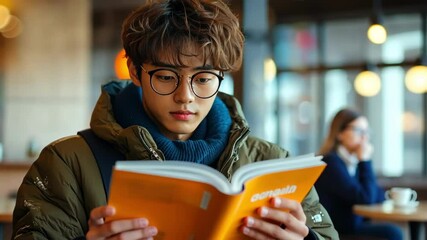Asian man reading book, wearing glasses and jacket indoors. Focused learning. - Powered by Adobe