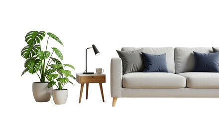 Cozy Living Room Corner with Potted Green Plants, Wooden Side Table, Lamp, Coffee Cup, and Soft Gray and Blue Cushions on Light Sofa