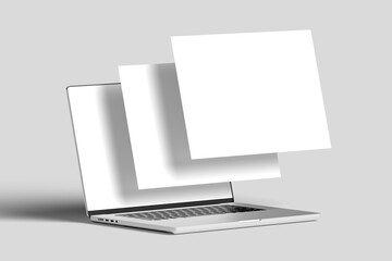 Silver laptop with black keyboard and blank white screen, shown from an angled top view with a floating blank screen. Perfect for tech and design mockups.