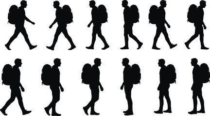 Silhouette of male hiker walking with backpack, trekking outdoors, vector illustration showing hiking motion, travel and adventure concept design