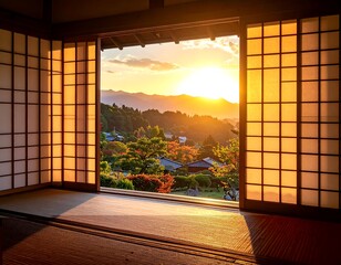 Japanese room with sunset view