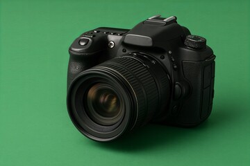 Professional black DSLR camera with zoom lens isolated on green background, ideal for photography, content creation, technology, and visual media concepts.

