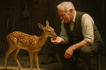 Spotted Deer Feeding with Elderly Man in Vest and Rolled Sleeves Indoors

