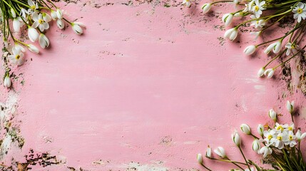 Pink Wooden Background with Delicate White Snowdrop Flowers
