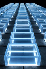 Obraz premium A stunning view of illuminated transparent boxes arranged in a symmetrical pattern, showcasing modern architectural design.