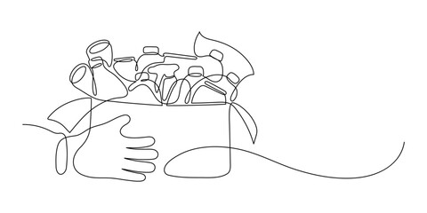 Recycle. Hands holds cardboard box full of different kind waste. Continuous line drawing. Recycling concept.